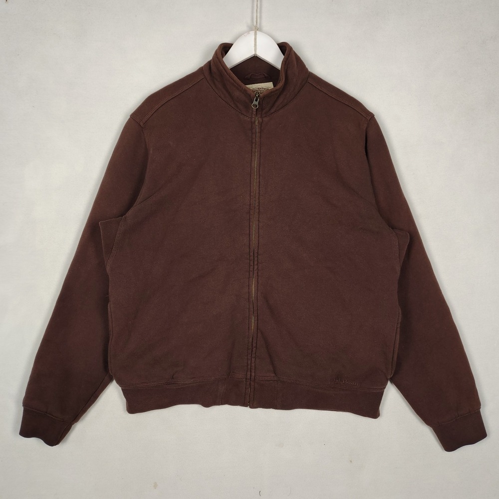 LL Bean Mens Brown Sherpa Lined Full Zip Sweatshirt Mock Neck Jacket Medium